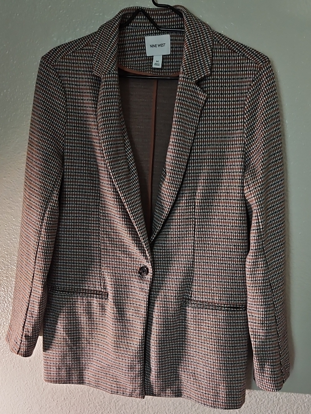 Nine West Brown Houndstooth Plaid Knit Blazer Jacket Size Medium